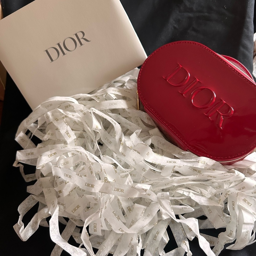 NIB Dior Glossy Red Cosmetic Case with box and Dior Rouge 100 Nude look velvet.